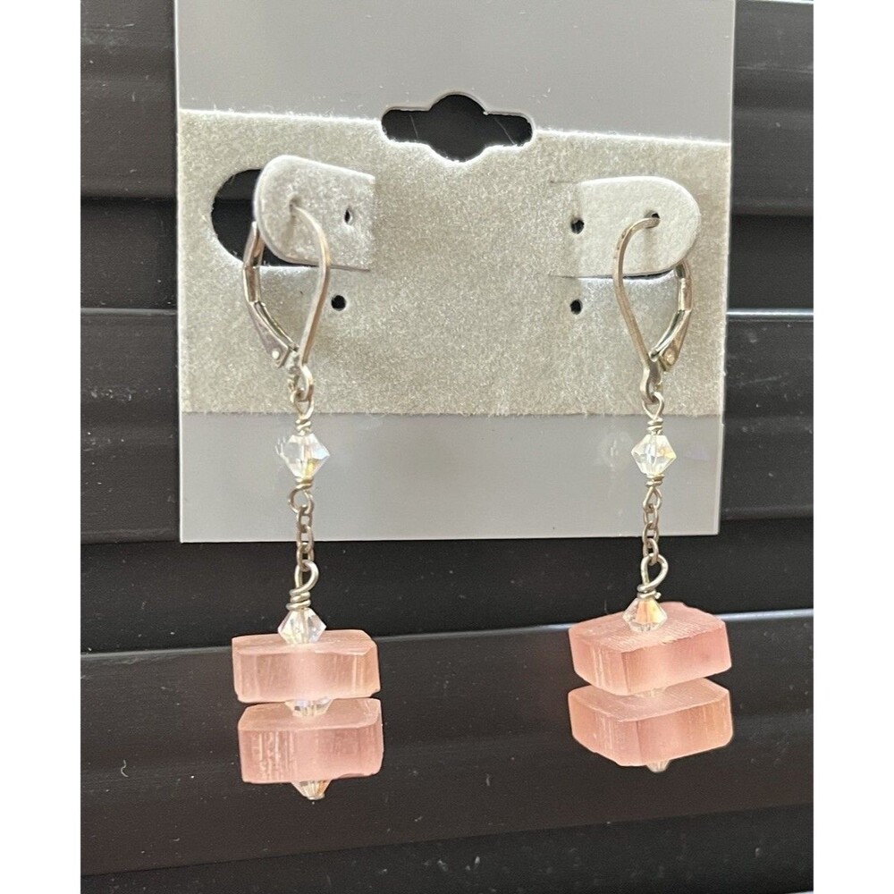 Sterling Silver Australia Crystal & Rectangular Pink Sea Glass Artisan Earrings